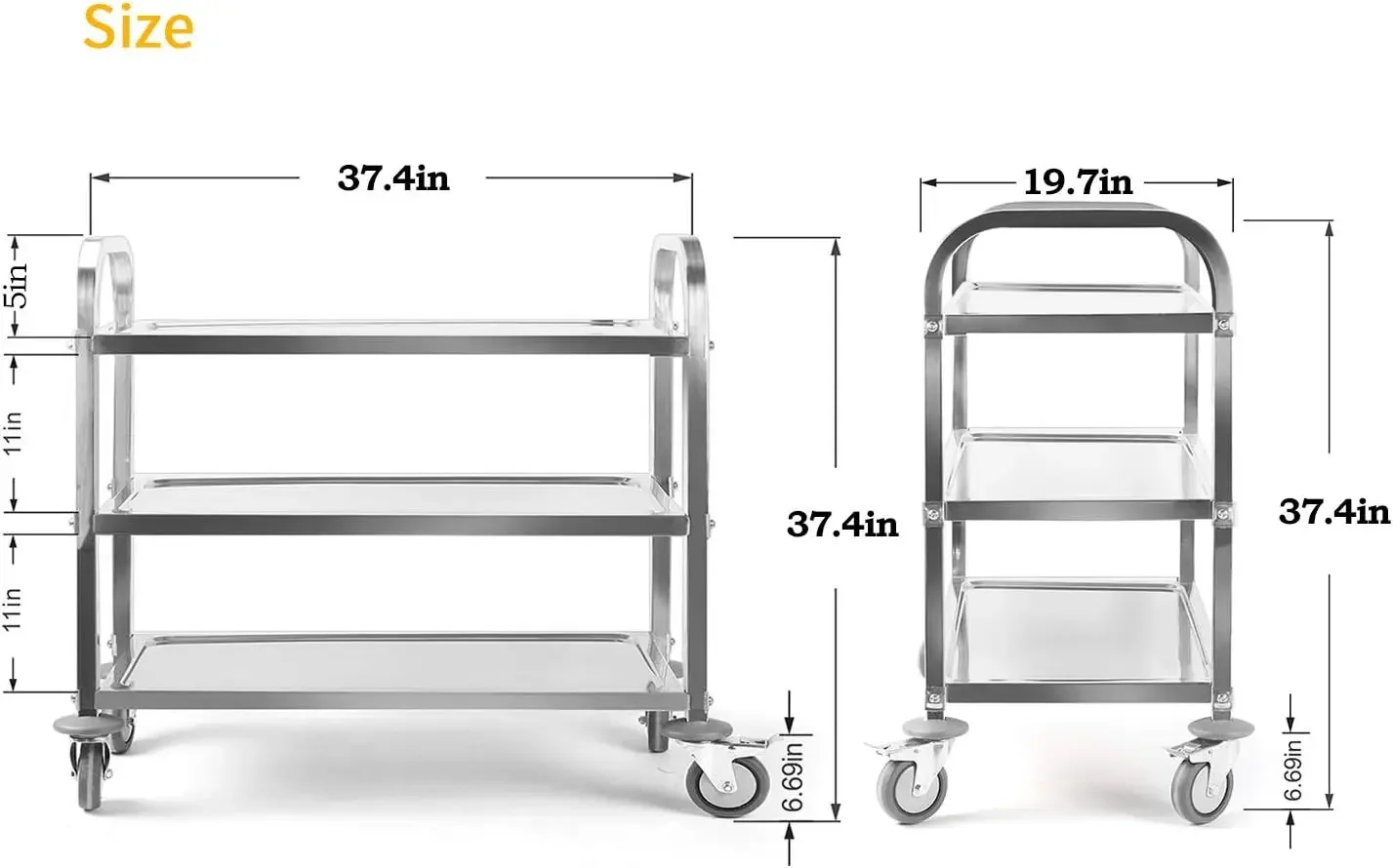 Stainless Steel 3 Shelf Utility Service Cart 37.4x19.7x37.4 Inch Kitchen Island Trolley 360°Rotation Catering Storage Cart with