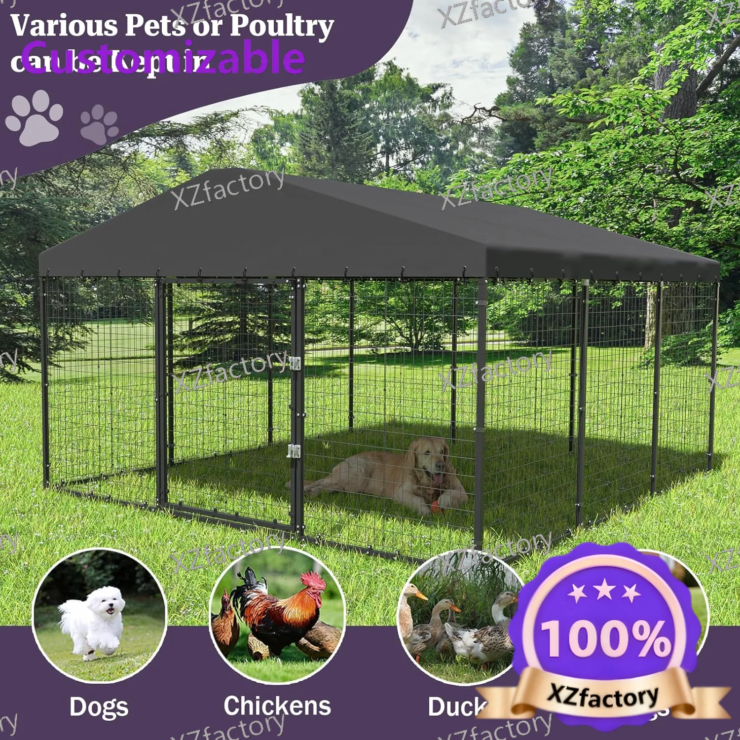 Customizable Cage Kennel Backyard Dog  Large Outdoor Heavy Duty Wire Mesh Dog Pen with Waterproof Top and Sunshade for Farm Gard