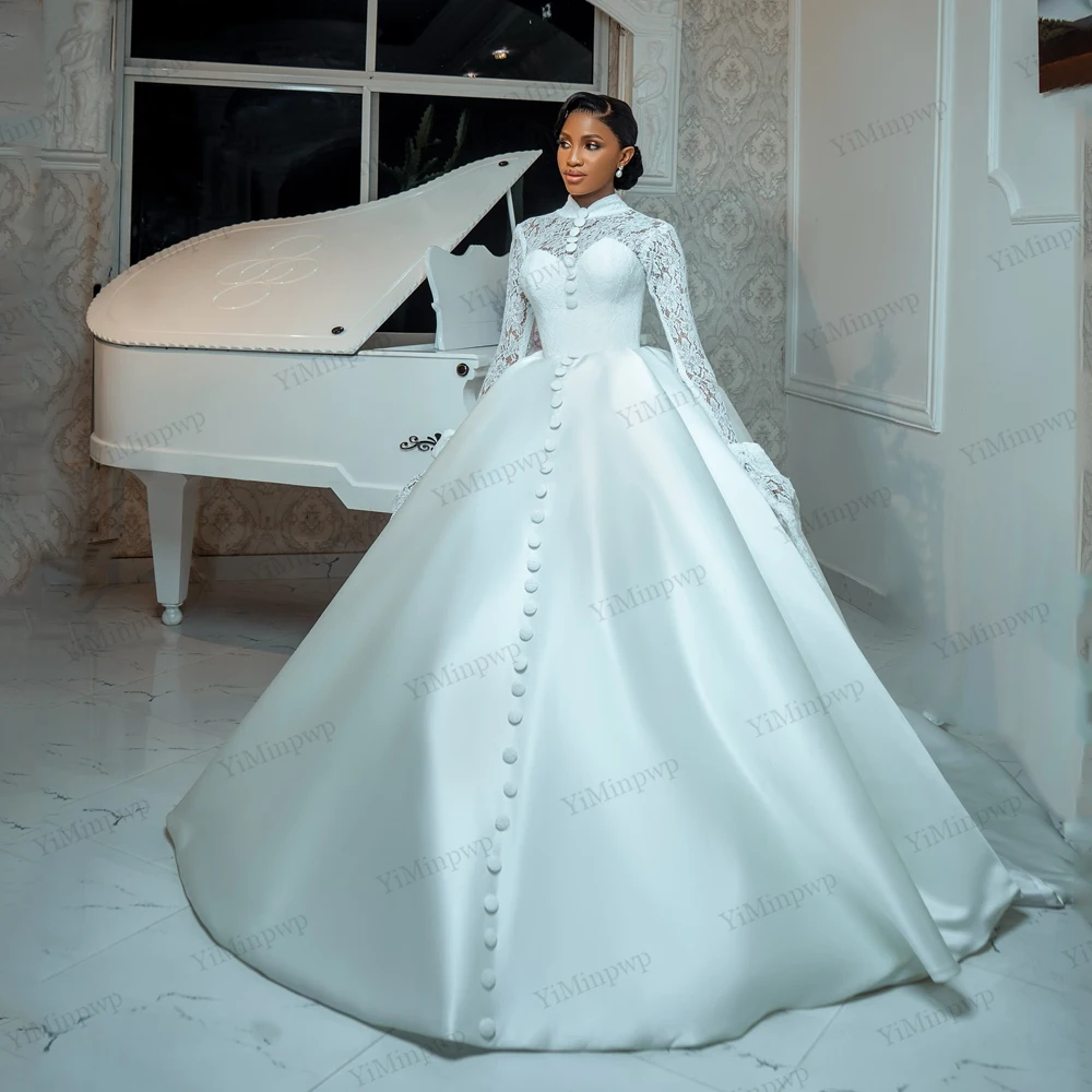 Gaun Pengantin Afrika dengan Aplikasi Renda Mewah, Kerah Tinggi, Lengan Panjang, 2 in 1 dengan Ekor yang Dapat Dilepas, Gaun Pengantin dengan Kancing, Dapat Disesuaikan