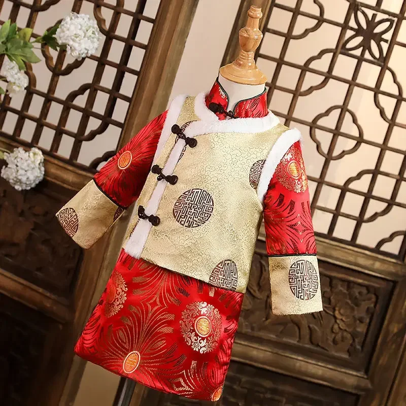 2024 Traditionele Chinese Nieuwjaar Rode Tang Pak Jongen Kids Baby Robe Vest Pak Kawaii Vintage Borduurwerk Kostuums Verjaardagscadeaus