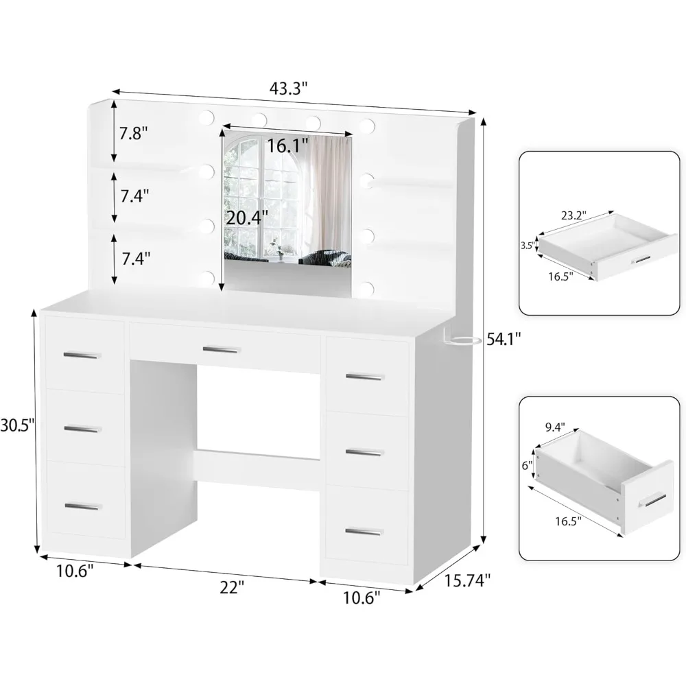 Makeup Vanity Desk with Power Outlet, 7 Drawers Vanity Table with Cushioned Stool, 3 Lighting Modes Brightness Adjustable,White image 2