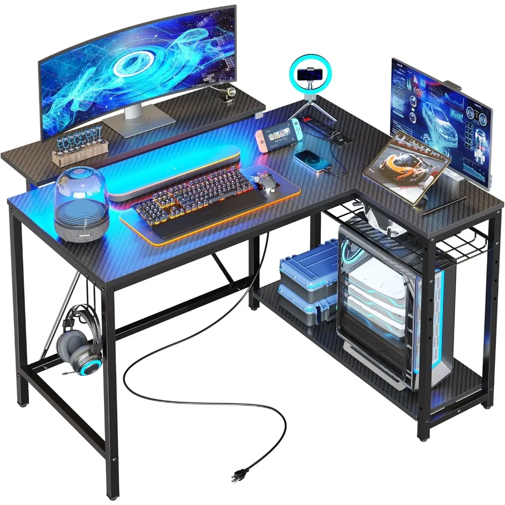 

Gaming Desk with Power Outlets, 42 LED Small Corner Computer Desk with Reversible Storage Shelves, L Shaped Desk