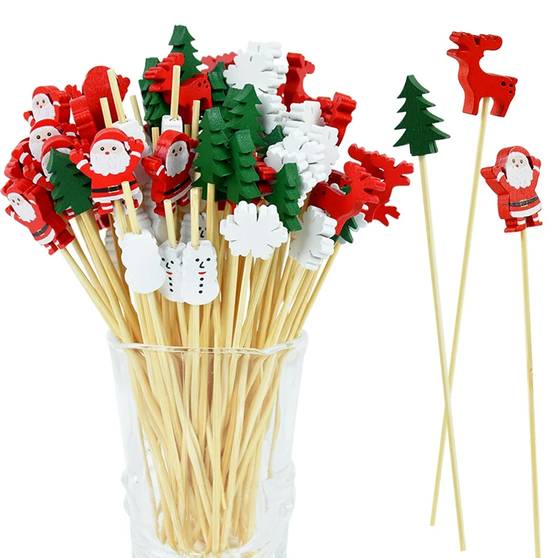 100pcs Christmas Disposable Toothpicks Santa Bamboo Skewers Sticks Buffet Cupcake Fruit Food Toothpicks For Xmas New Year Decor