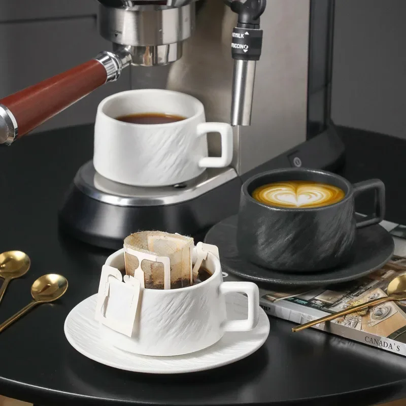 Simple solid color coffee cup and saucer set Rock pattern teacup hanging ear coffee cup Household breakfast cup Afternoon teacup