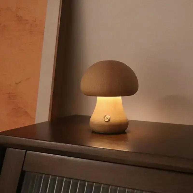 Desktop Lamp Creative Solid Wood Mushroom LED Lights Atmosphere Lamps for Room Decor Nordic Creative Gift Chargeable Table Lamps