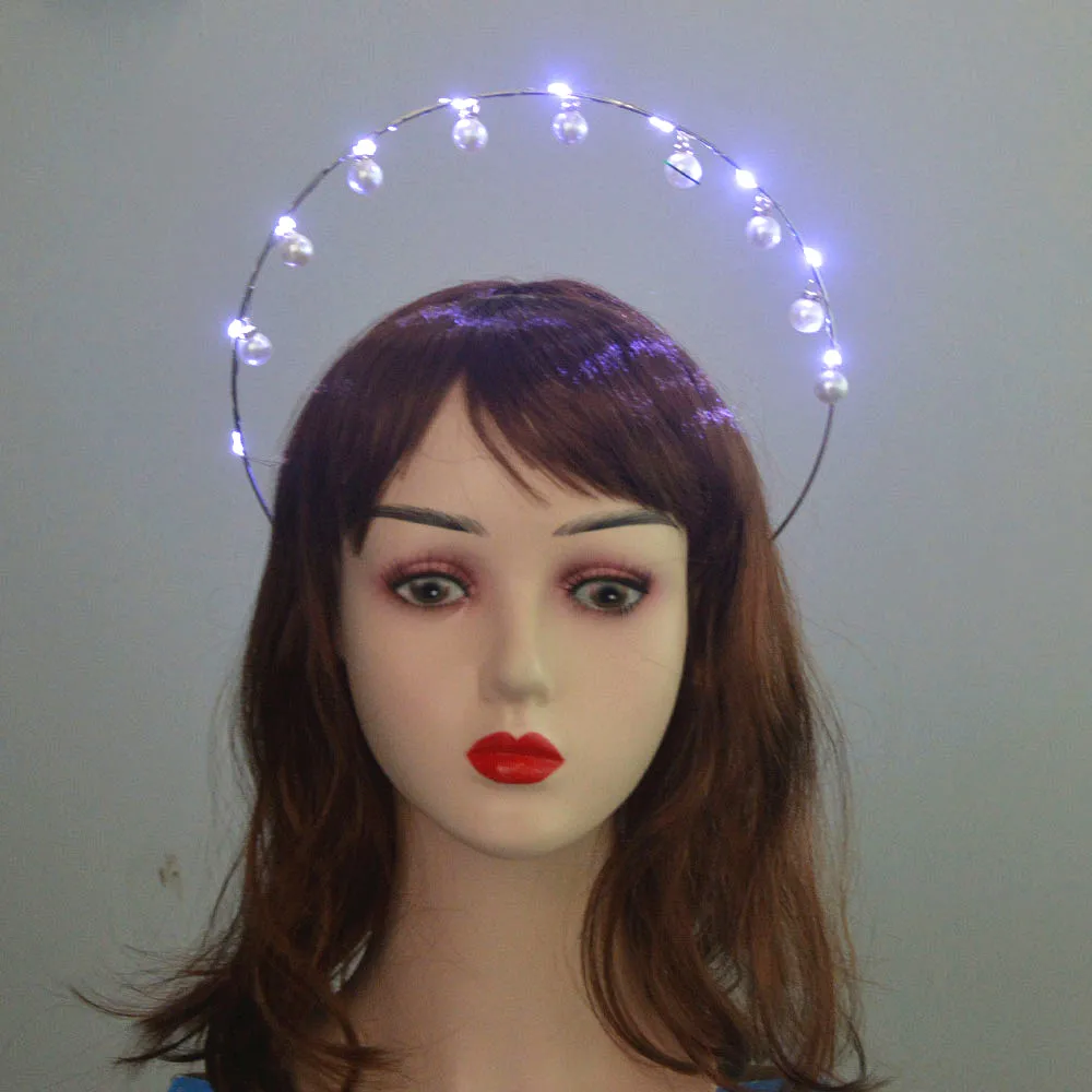 Women Girls Anime LED Light Glow Goddess Crown Angel Bridal Gold Halo Pearl Headband Hair Band Costumes  Wedding Festival