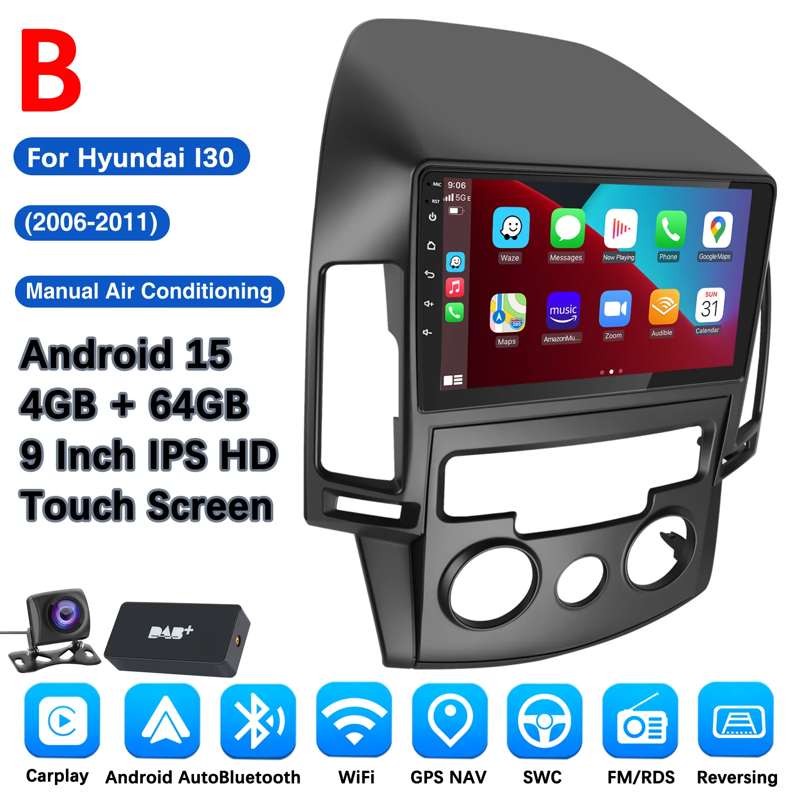 MOPECT 4+64GB Android 15 autoradio voor Hyundai I30 AT/MT 2006-2011 multimediaspeler GPS 2DIN autostereo draadloze CarPlay FM/AM