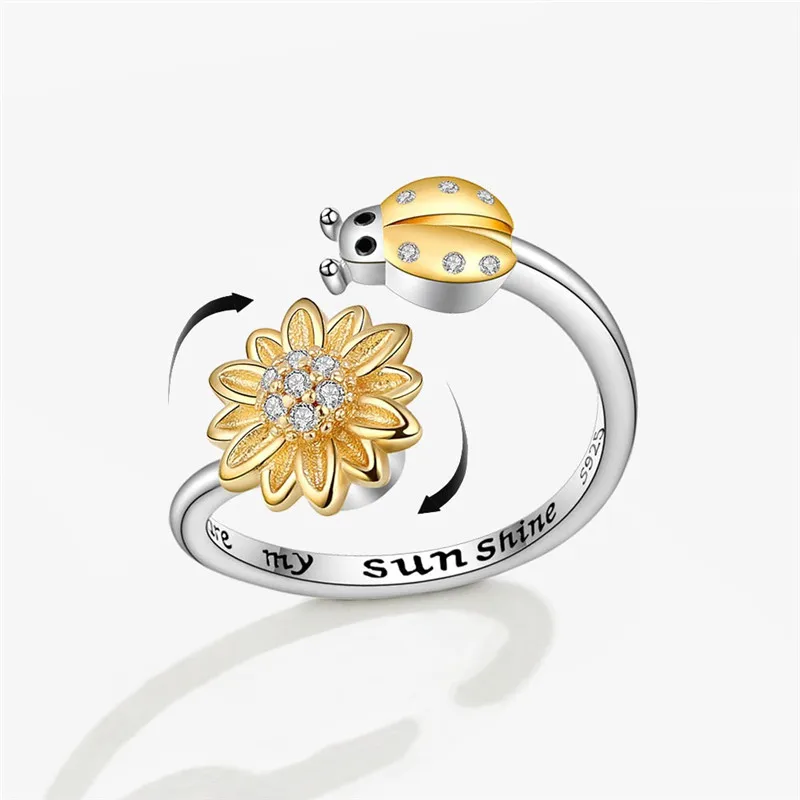 Fashion Crystal Sunflower Rings For Women Rotatable Anti Stress Anxiety Beetle Adjustable Ring You Are My Sunshine Jewelry Gift