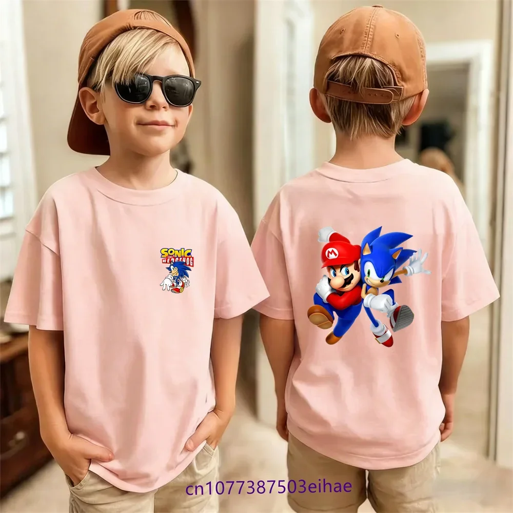 Sonic Pattern Summer Short Sleeve T-Shirt Breathable Soft Cotton Casual Sportswear Comfortable Cartoon Top for Boys and Girls