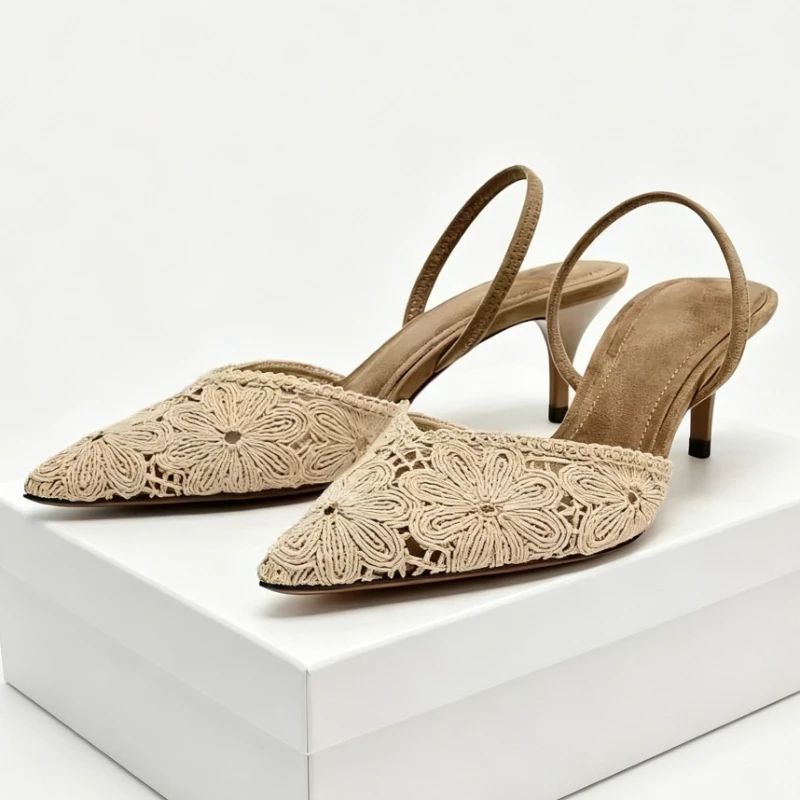 

Kniting Embroidery Slingback Sandals Women Designer Pointed Toe Pumps and Heels Party Dress Shoes Elegant Stiletto Heels Mules