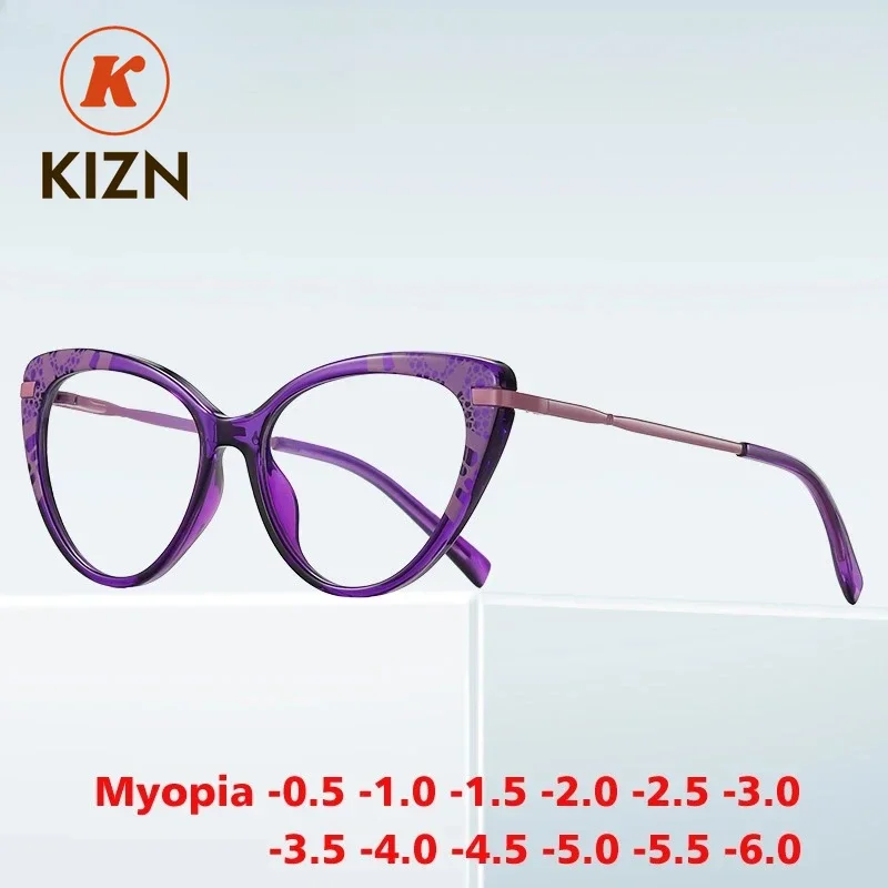

KIZN Women Cat Eye Myopia Glasses Fashion Custom Prescription Optical Eyeawear Anti Blue Light Discoloration Frame -0.50 to -10