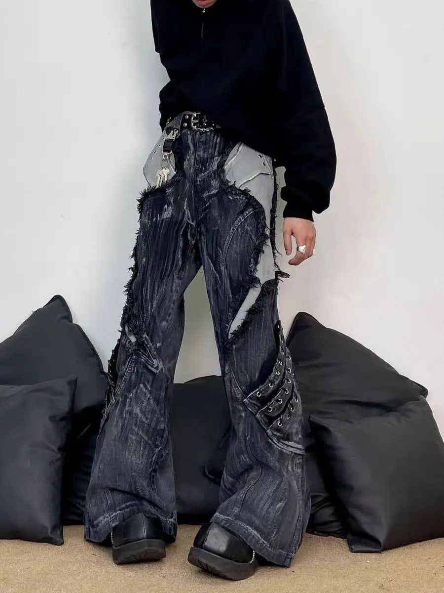 Unisex Cargo Jeans Heavyweight Deconstructed Raw Edge Splicing Washed Distressed Wasteland Style High Street Denim Long Pants
