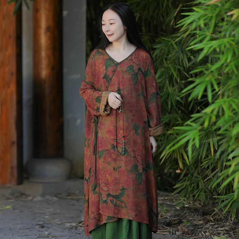 LZJN Women's Dress Cotton Printed Long Sleeve Loose Plus-Size Pattern Chinese Robe Elegant Women Dresses Vintage Dress