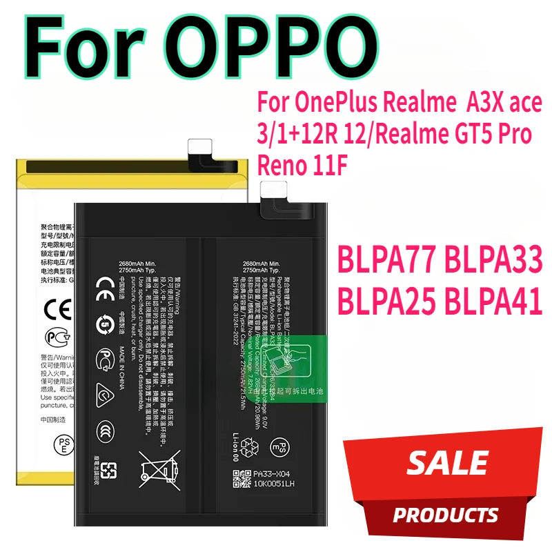 

BLPA77 BLPA33 BLPA25 BLPA41 Battery For OPPO OnePlus Realme A3X ace 3/1+12R 12/Realme GT5 Pro Reno 11F