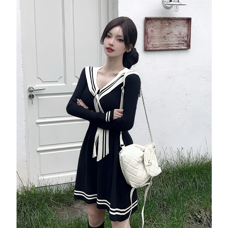 Kawaii Nero Lavorato A Maglia Mini Vestito Delle Donne Giapponese Lolita Collare Alla Marinara Abiti Invernale Y2K A Righe Manica Lunga Aderente Abiti Nuovo