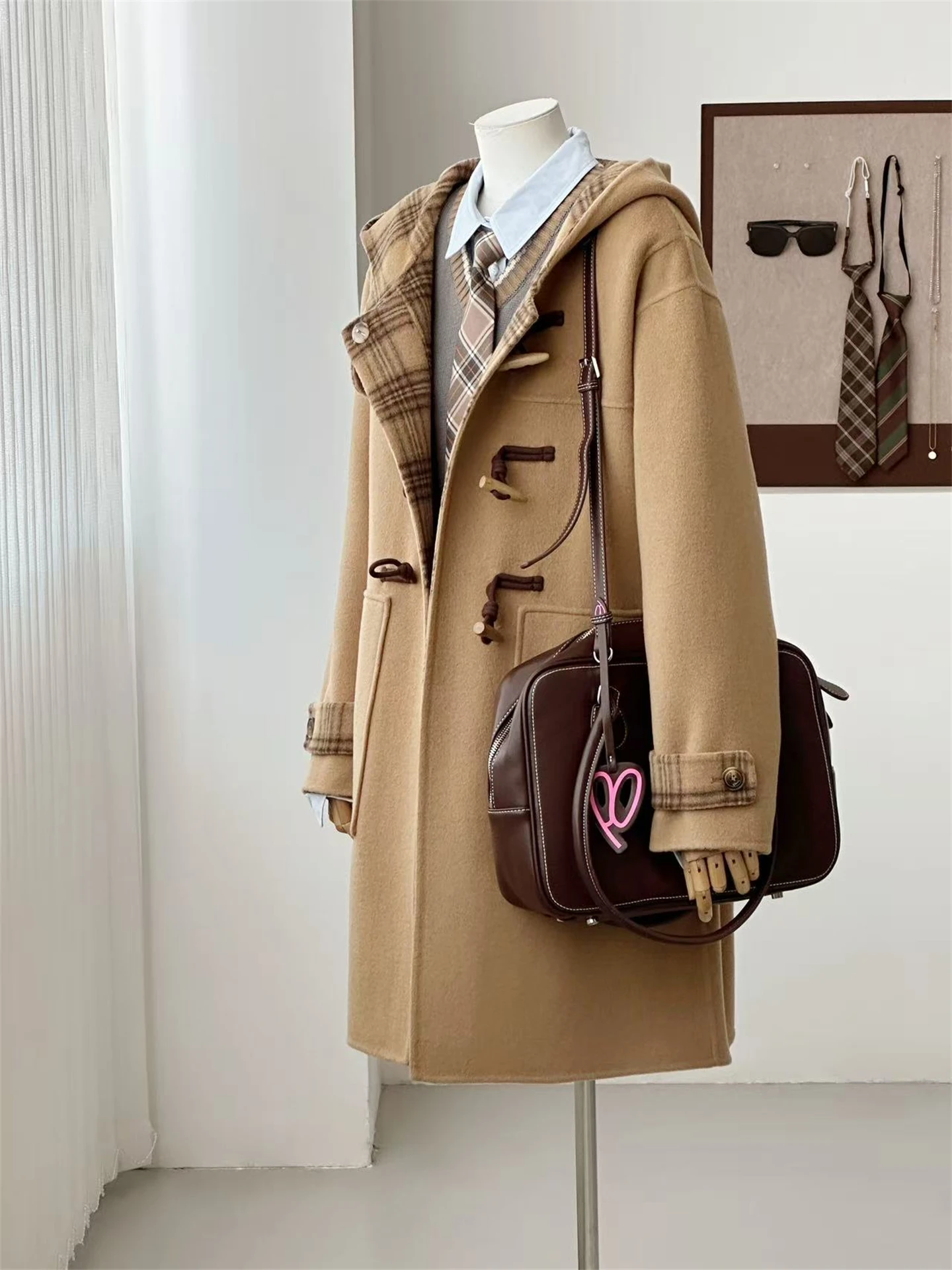 Casual Woolen Double-Faced Coat Women's Long Coat Buttoned Hooded Loose Fit British Style Autumn Winter Fashion College Trend