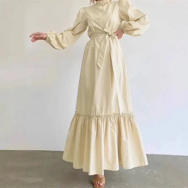 

2025 New Women's Dress Elegant Waist-Tie Robe Dress - Solid Color Maxi Dress With Stand Collar Buttons