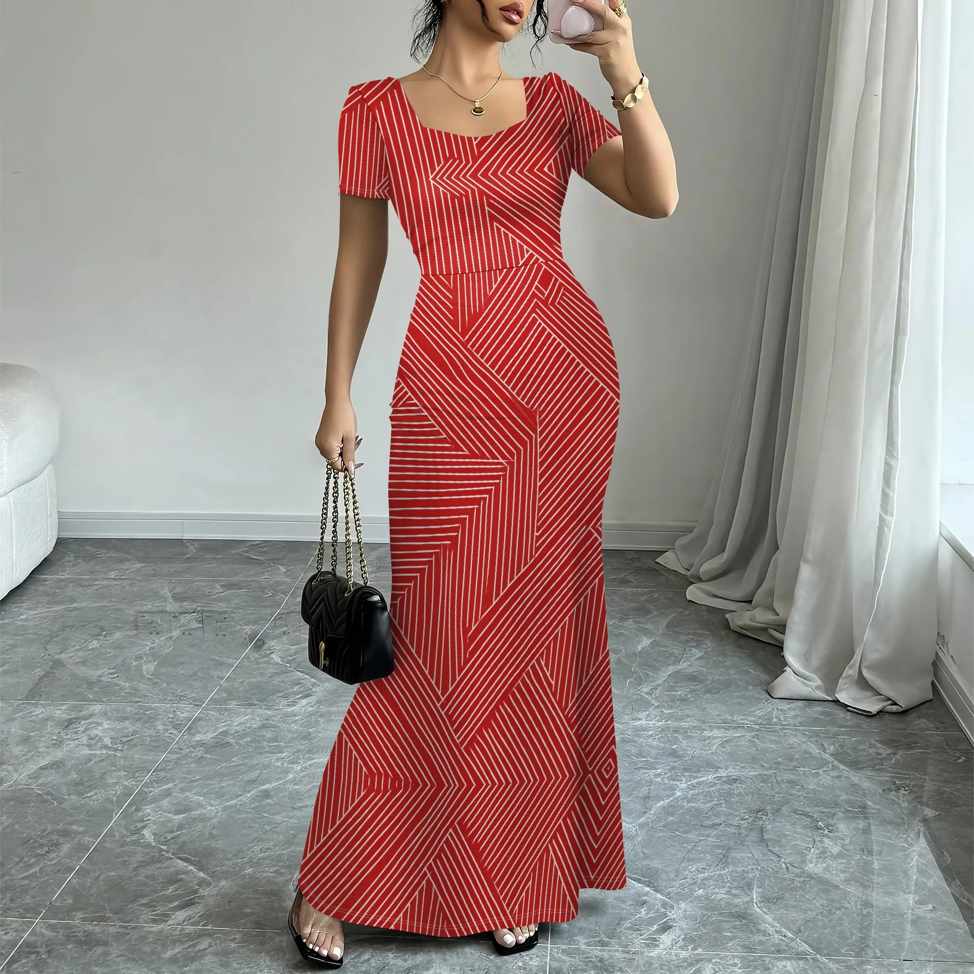 

Women's Square Neck Short Sleeve Maxi Dress Red White Geometric Print Elegant Holiday Christmas New Year Party Gown XS-3XL