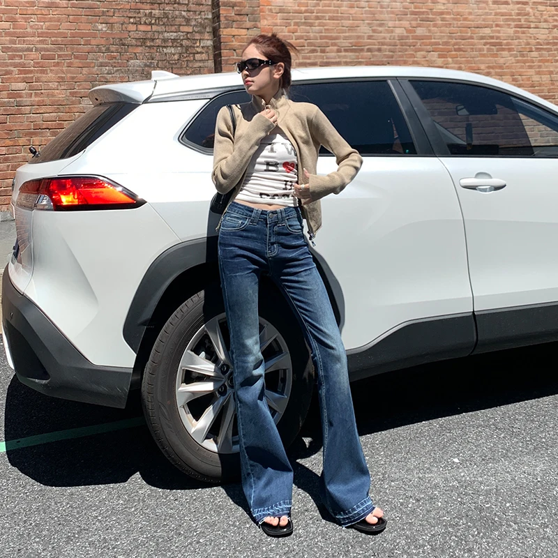 

2025 autumn and winter high-end women's high waisted jeans, elastic slim fit pants, sexy retro American enhanced flared jeans