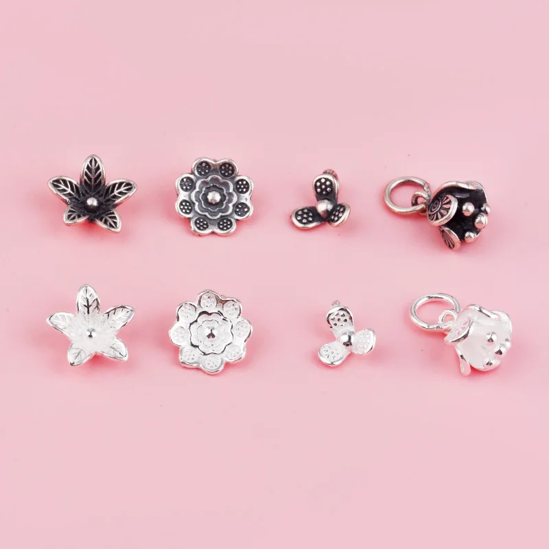 S925 sterling silver retro three-leaf flower leaf flower bud pendant, handcrafted DIY rope beading accessory
