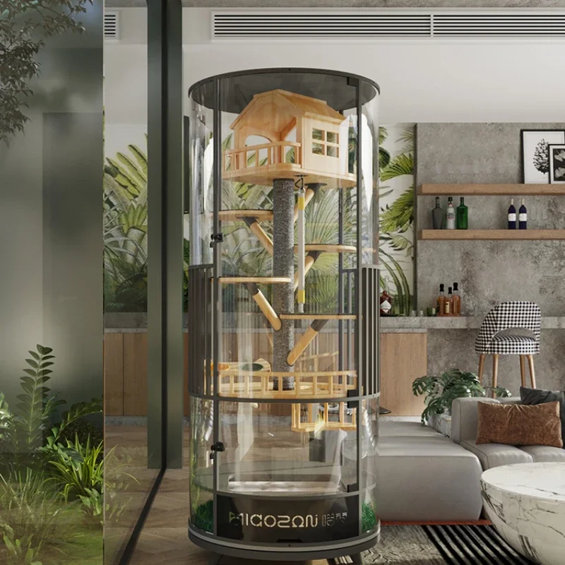 

360 ° Rotatable Cat Cage Villa Solid Wood Luxury Panoramic Display Cabinet Nest Glass House with Toilet