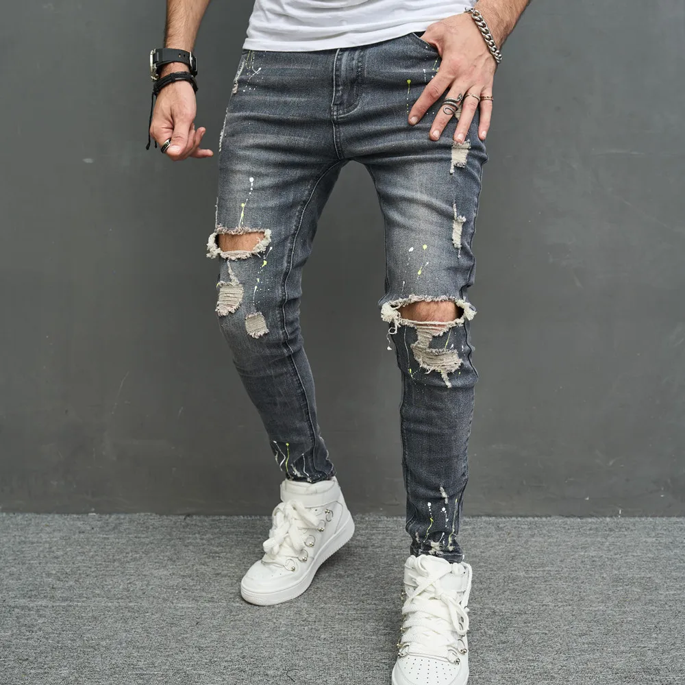 

Men Jeans Skinny Hole Ankle Length Pencil Pants Vintage Ripped Pockets Slim Distressed Washed Denim Streetwear Solid 2024