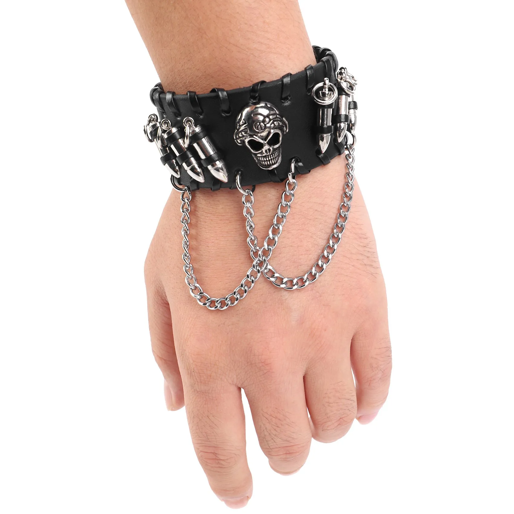 *N21R Black Men's Gothic PU Leather Bullet Skull Chain Wristband Bracelets for Men