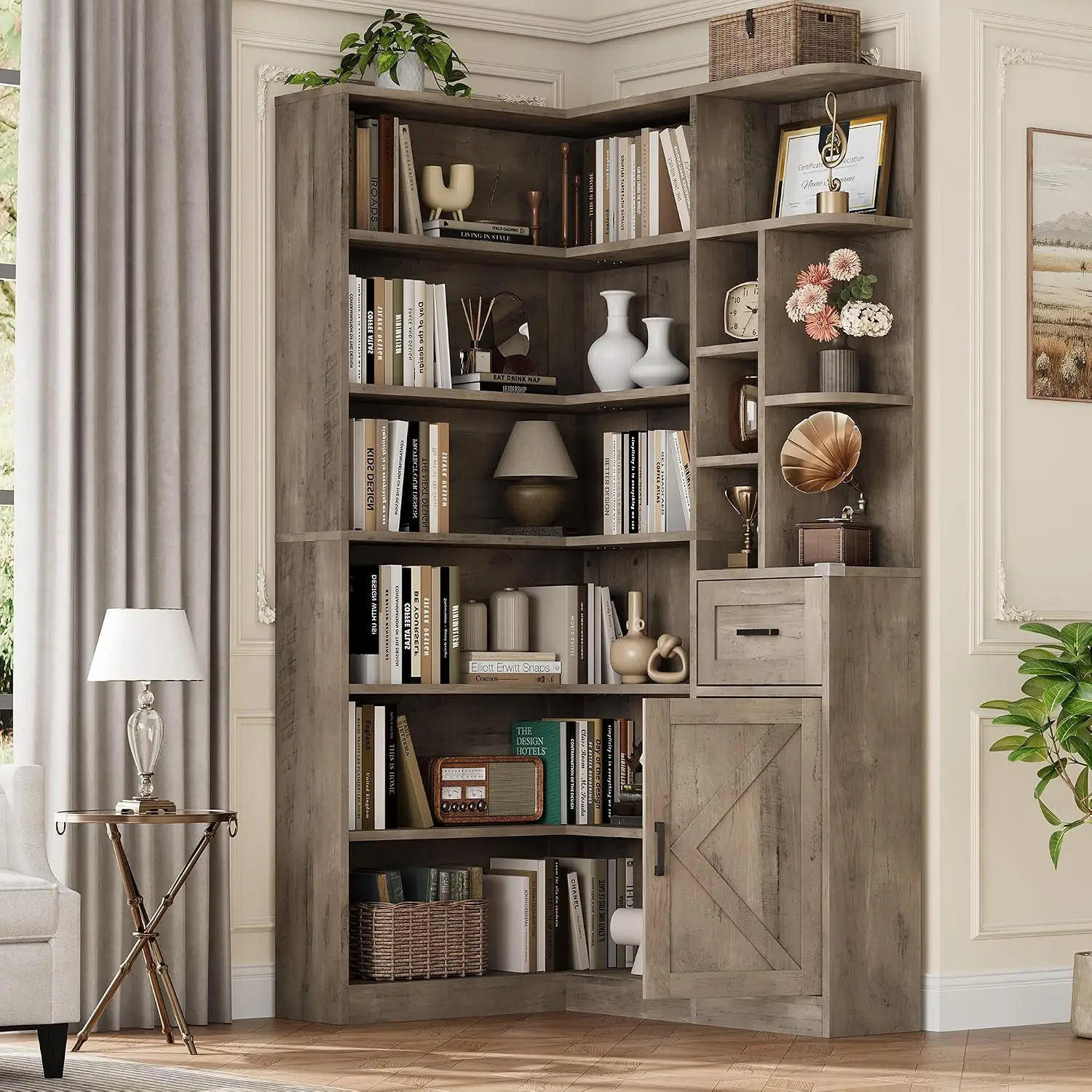 74'' Tall Corner Bookshelf 6-Tier with Drawer & Cabinet, Customized