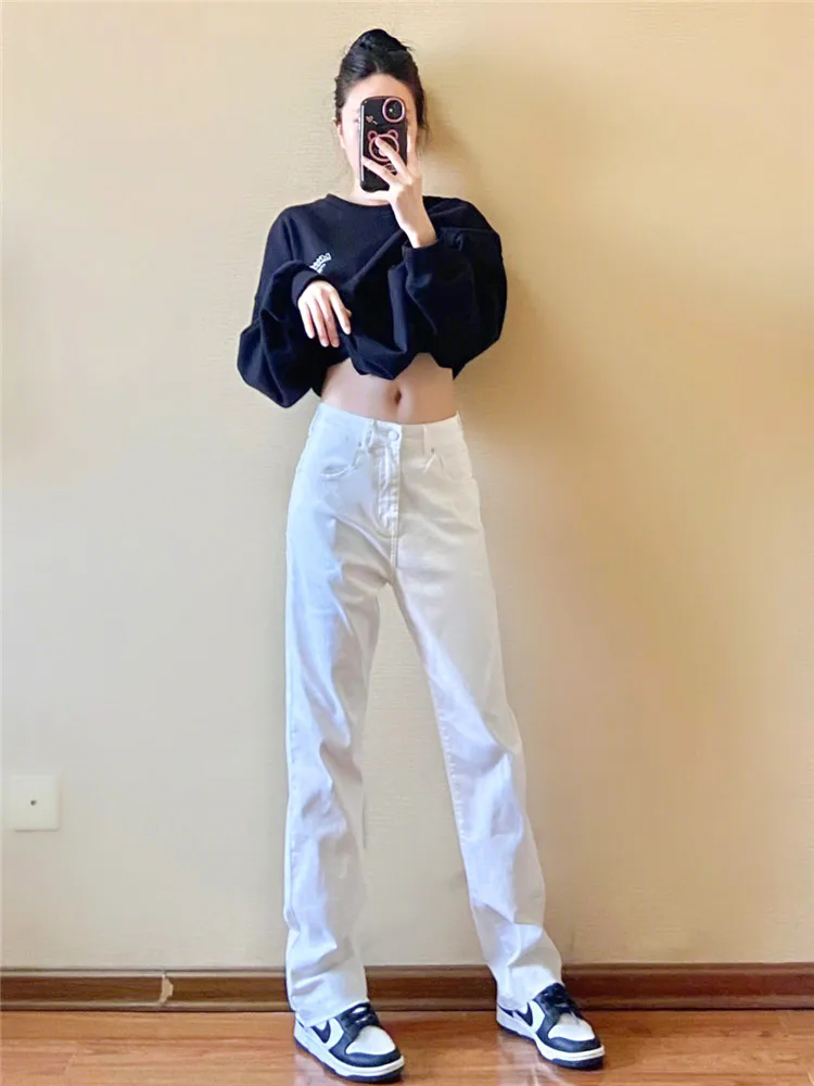 

High Waist Straight Leg Jeans Women's Spring Autumn Slim Fit Stretchy Long Floor Length Pants High Rise Taller Size