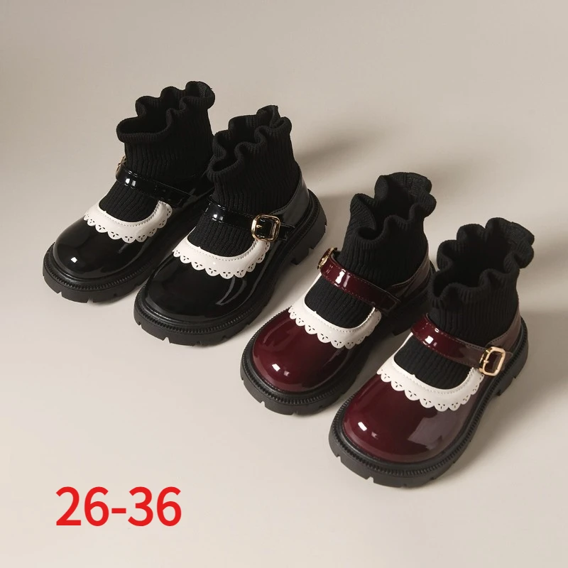 Children's Fashion Ankle Boots Ages 3–18 Burgundy Fleece-Lined and Thickened Girls Shoes Soft Non-Slip Kids Mary Jane Sock Boots