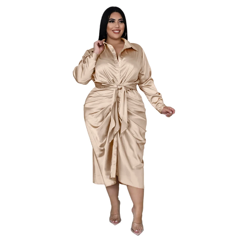 Elegant Satin Plus Size 5XL Women Shirt Dress Sexy Ruched Dresses Lace Up Evening Party Midi Drerss Vestido Africano Feminino