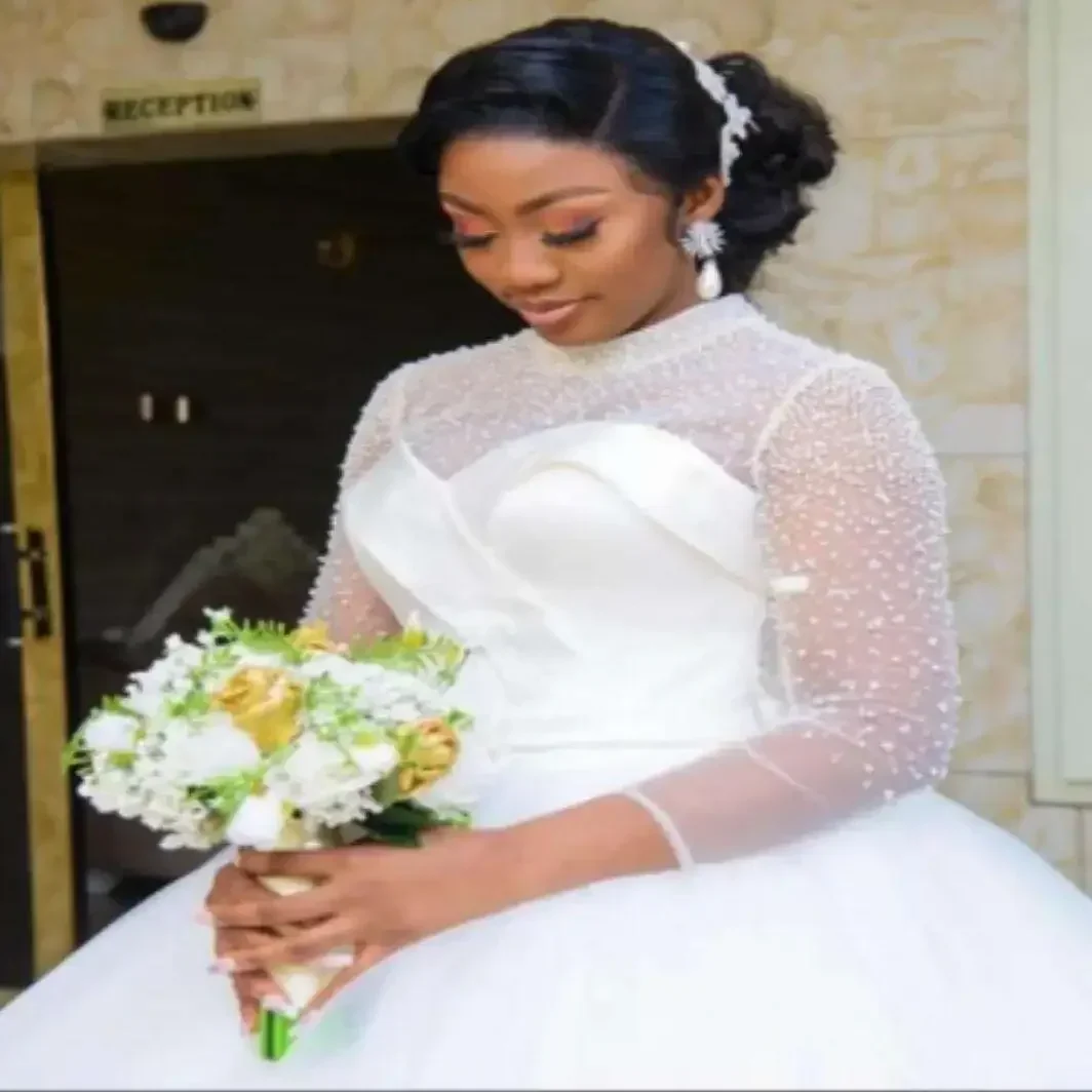 

Свадебное платье с блестящим жемчугом и бусинами на заказ, Vestidos De Novia, иллюзия, винтажное африканское свадебное платье с длинными рукавами