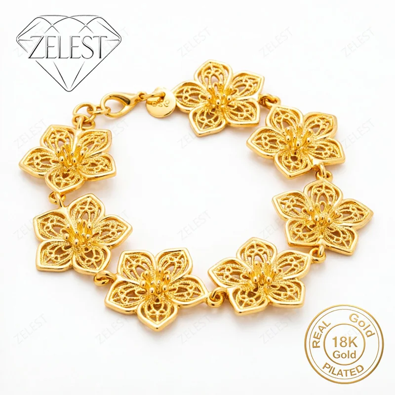 925 Sterling Silver 18K Gold Plated 8-inch Exquisite Openwork Flower Bracelet for Women's Wedding Party Jewelry