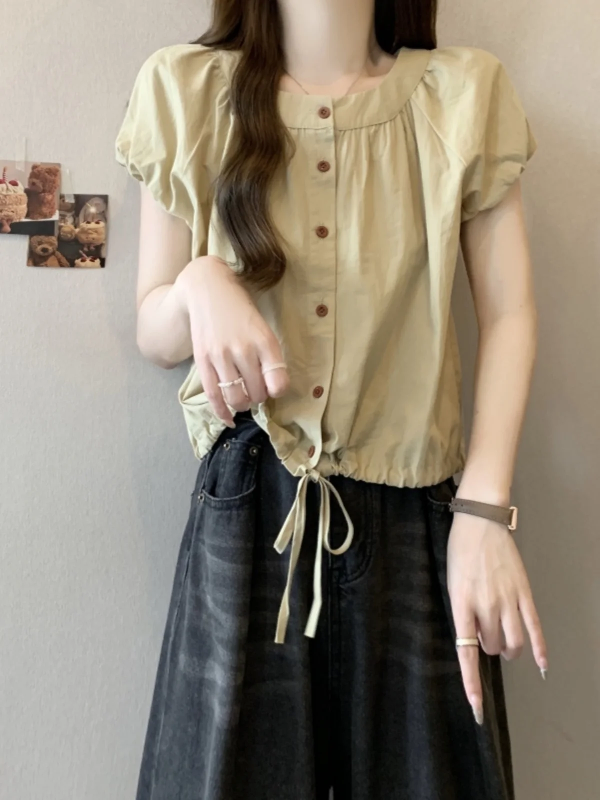 

Slimming Design Short Sleeve Drawstring Top Women's Summer Base Layer Shirt Bubble Sleeve Korean Style Loose Fit round Neck