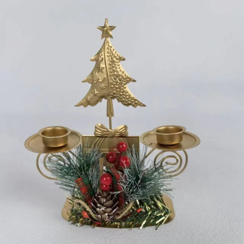 Christmas Candlestick Golden Iron Double Candlestick Exquisite Compact Christmas Candlestick Ornament Party Christmas Decoration