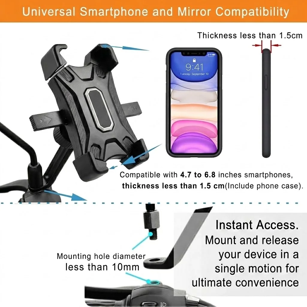 Motorcycle Phone Holder Rearview Mirror Mount 360° Rotatable Adjustable Cell Phone Stand for Scooter Motorbike GPS Navigation