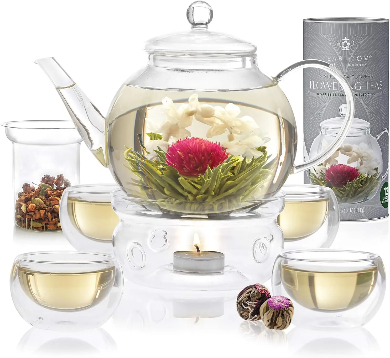 

Complete Tea Set Glass Teapot 40 oz 4 Insulated Glass Teacups Tea Warmer and 12 Flowering Teas Elegant Blooming Gift Set