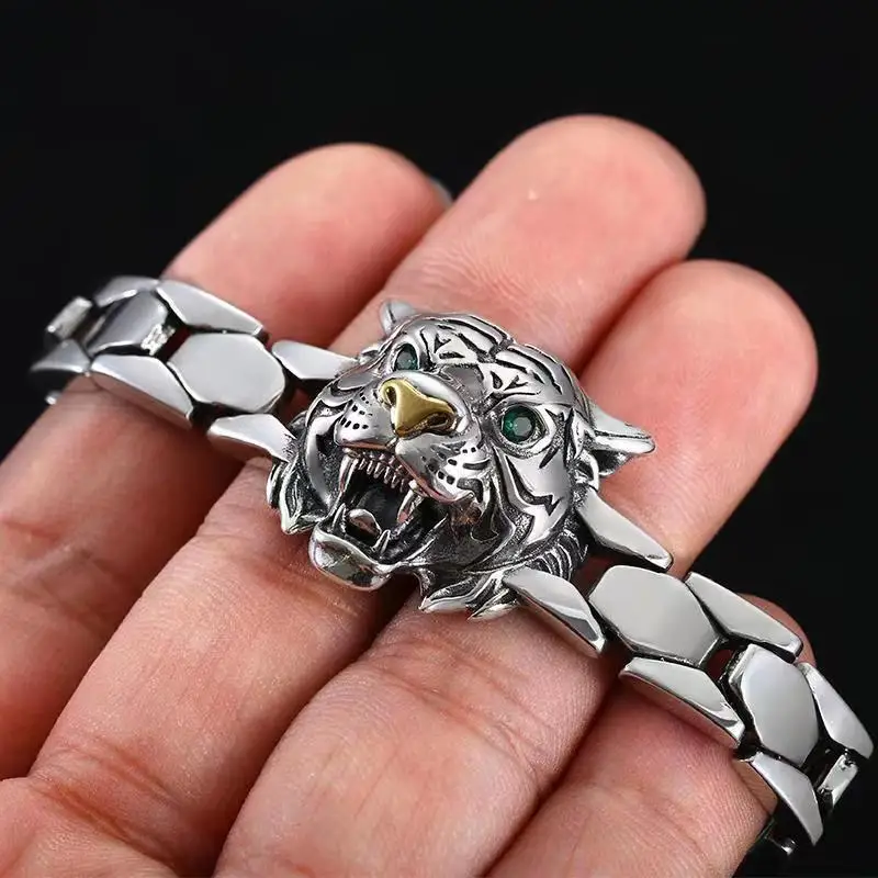 Original Design Tiger Head S925 Sterling Silver Domineering Tiger Zodiac Bracelet Men's Fashion Personalized Silver Gifts Bangle