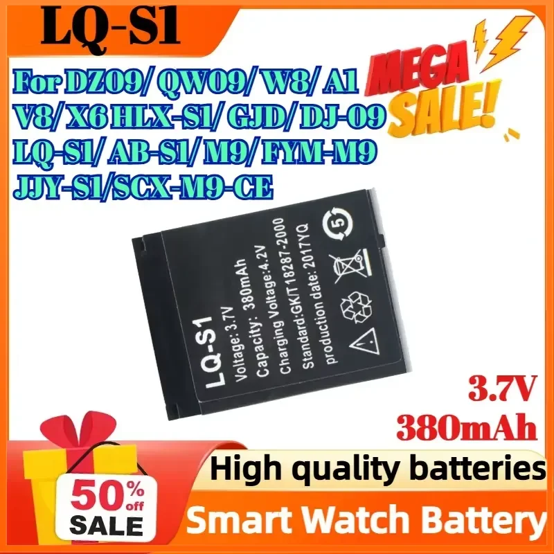 Batería LQ-S1 3.7V 380mAh para Reloj Inteligente QW09 DZ09 W8 GTF, Batería Recargable de Litio Duradera GTF