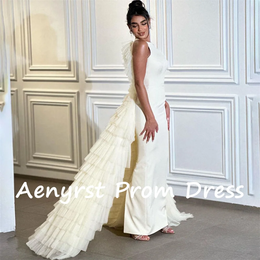 Aenyrst Elegant Satin Mermaid Evening Dresses Open Backless Tulle Tierd Train Prom Gowns High Collar Party Dress فساتين السهرة