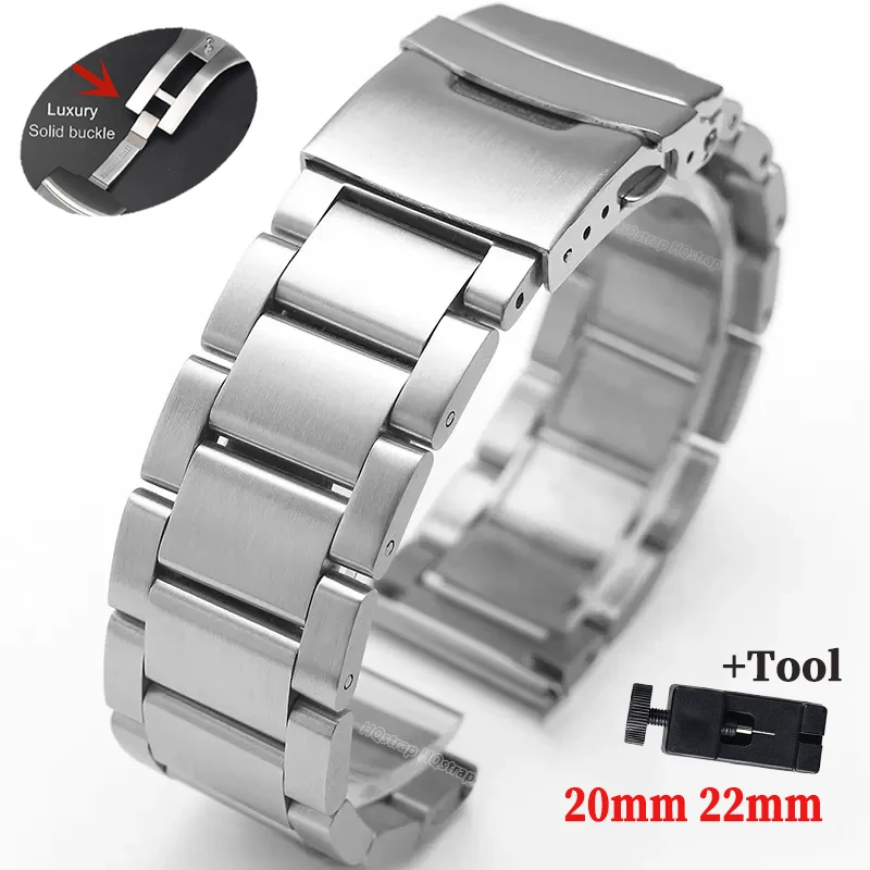 Stainless Steel Watch Band 20mm 22mm Bracelet for Men Business Strap Black Silver Metal Wristband Double Press Folding Buckle