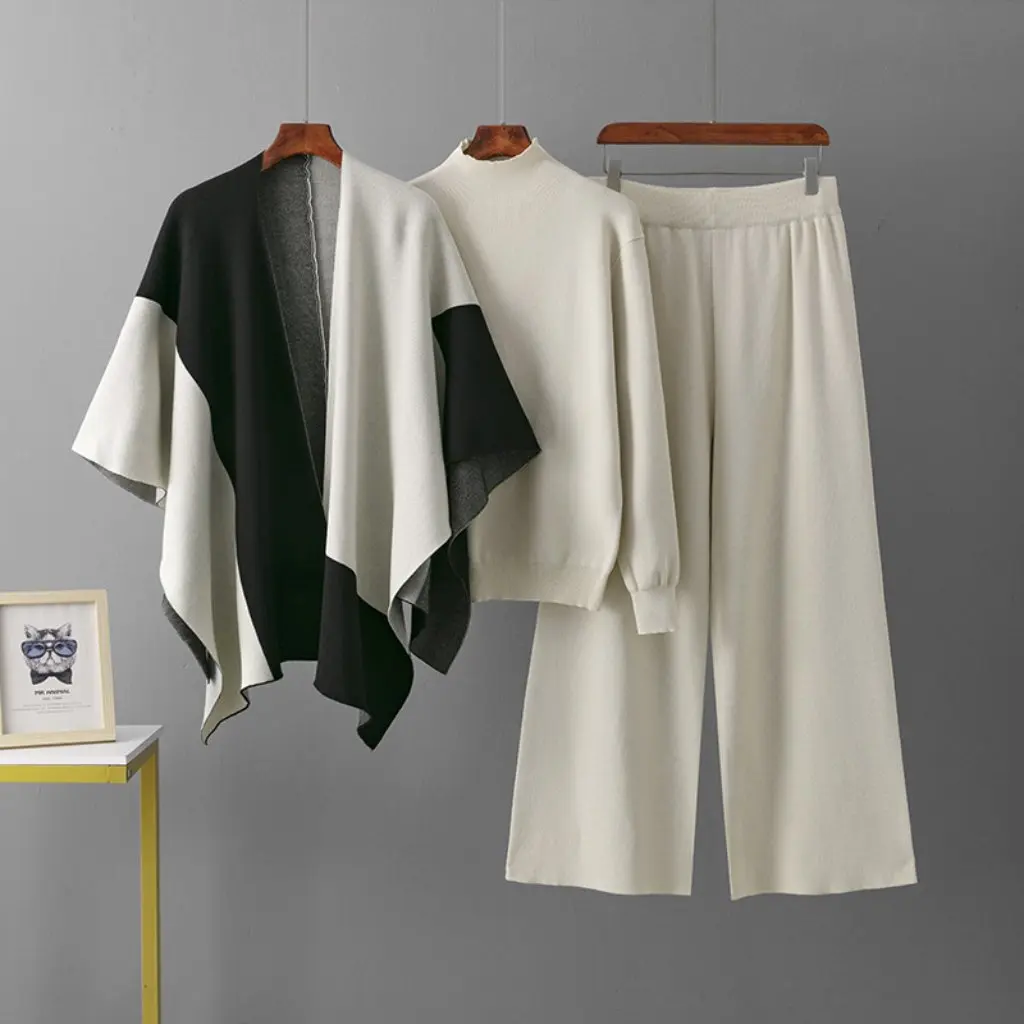 

Высококачественный модный комплект из трех предметов на осень-зиму, свободный теплый свитер с большой шалью, костюм соответствующего цвета, французский темперамент