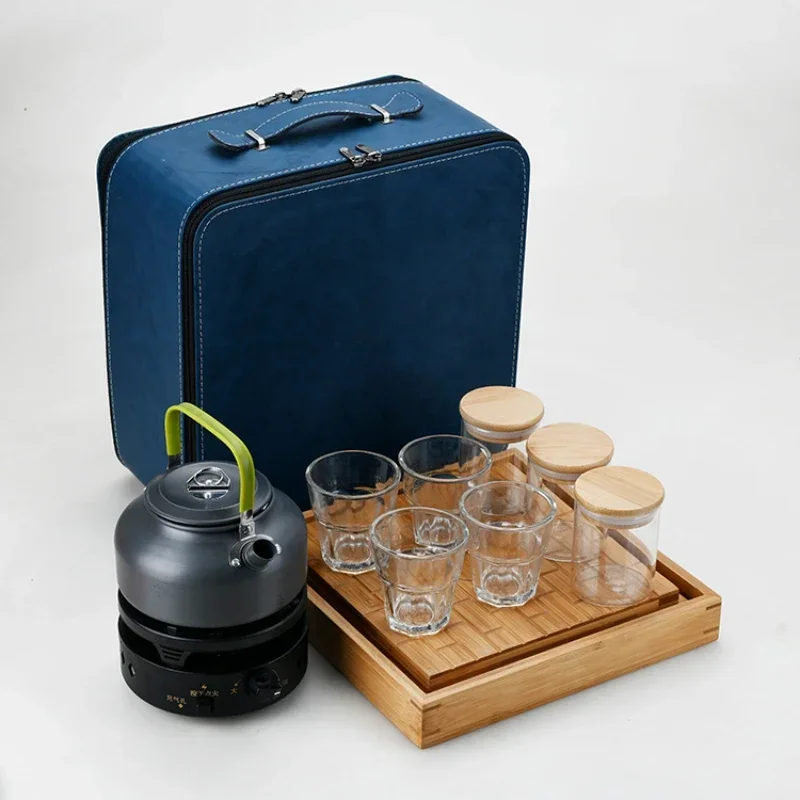 design hot sale home outdoor camping travel glass coffee cup jar and bamboo melamine tray set with stove