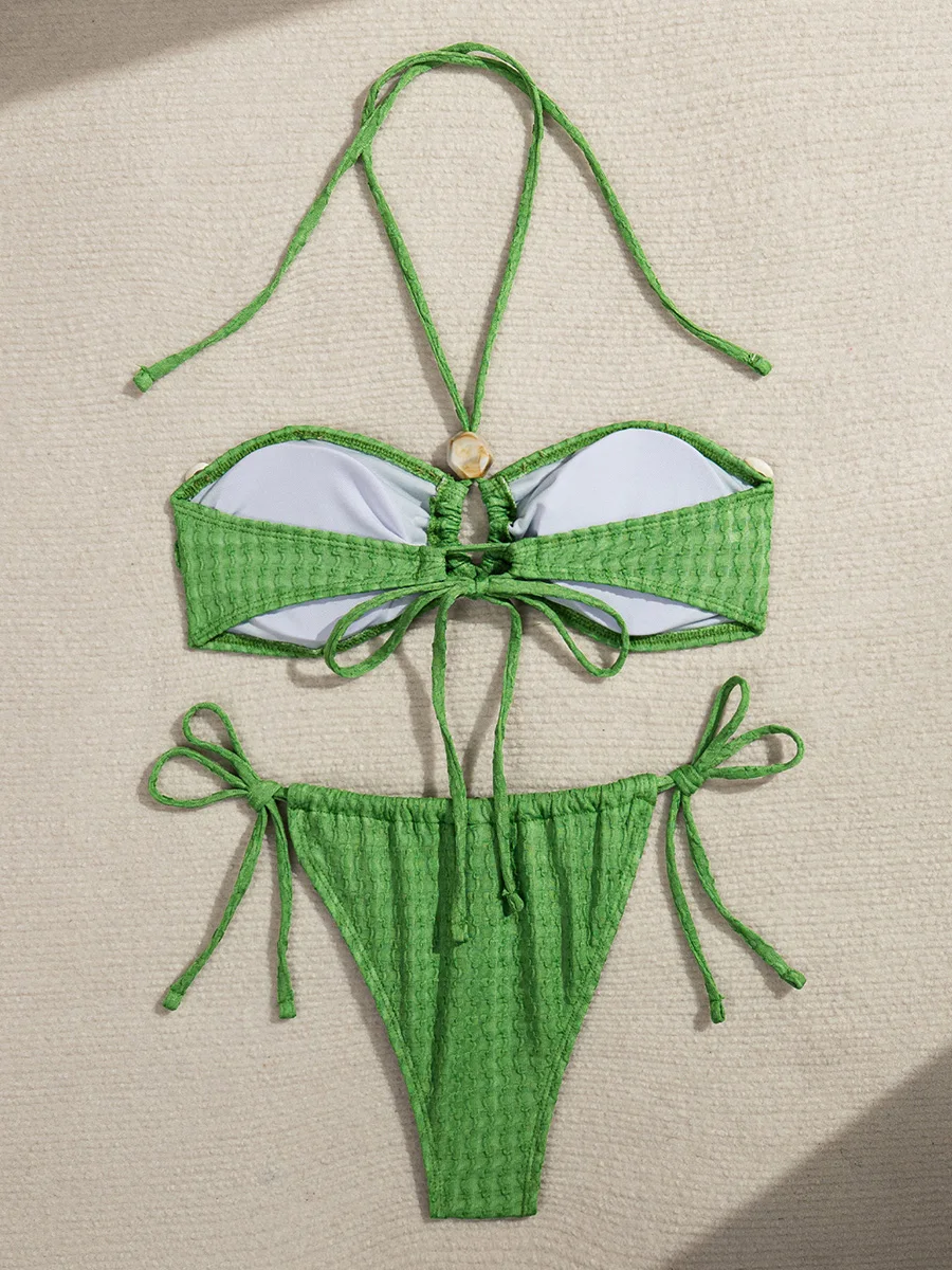 Wrinkled Hollow Out Halter Strappy Bikini Women Swimwear Female Swimsuit Two-pieces Bikini Set Bather Bathing Suit Swim Lady