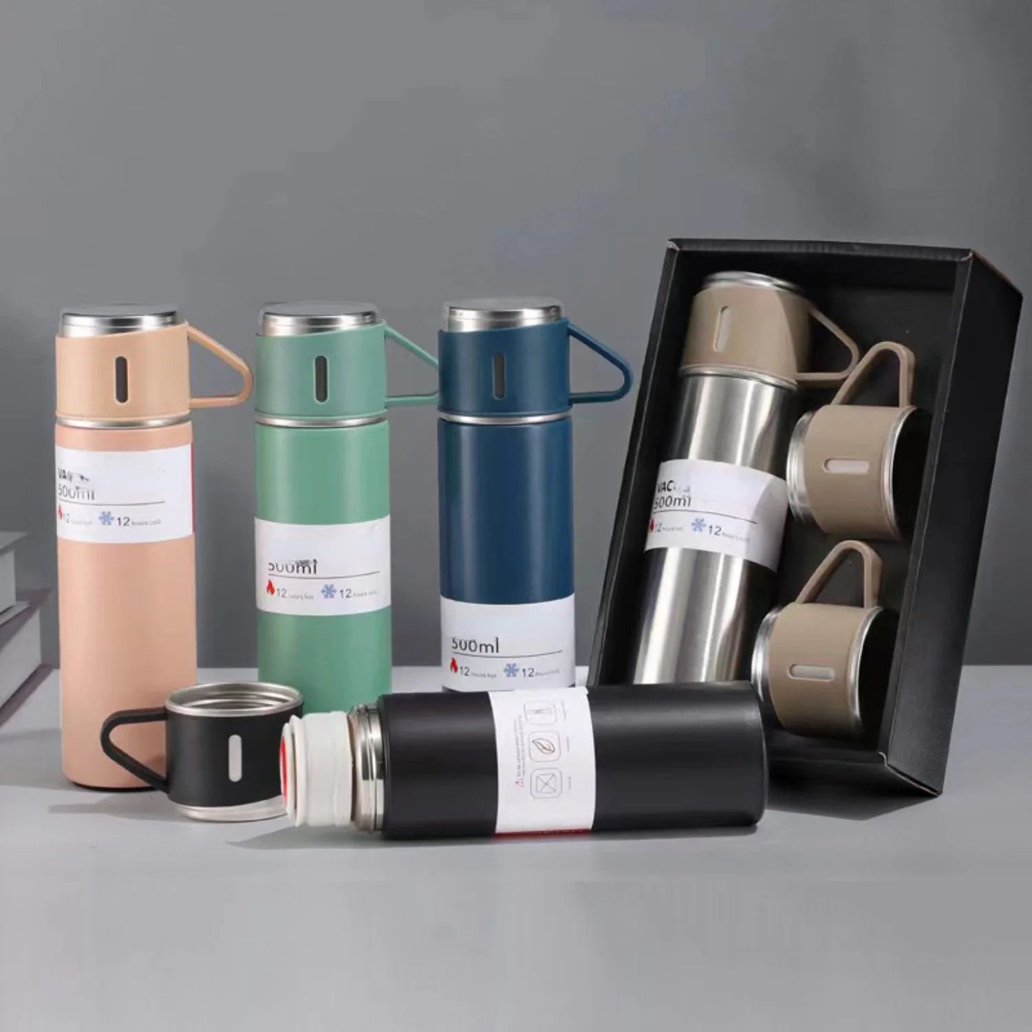 Insulated Thermos Flask Thermos Cup 500ml 700ml Vacuum Flask Gift Set Stainless Steel vacuum bottle Water Bottle Set Of 3 Cups