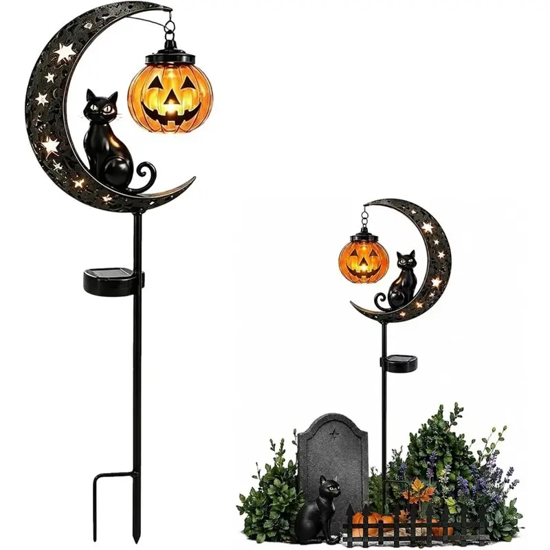 AB33-Auto On Off Solar Halloween Black Cat& Pumpkin Moon For Garden Stake Light, Metal Waterproof LED For Garden Patio Lawn Yard
