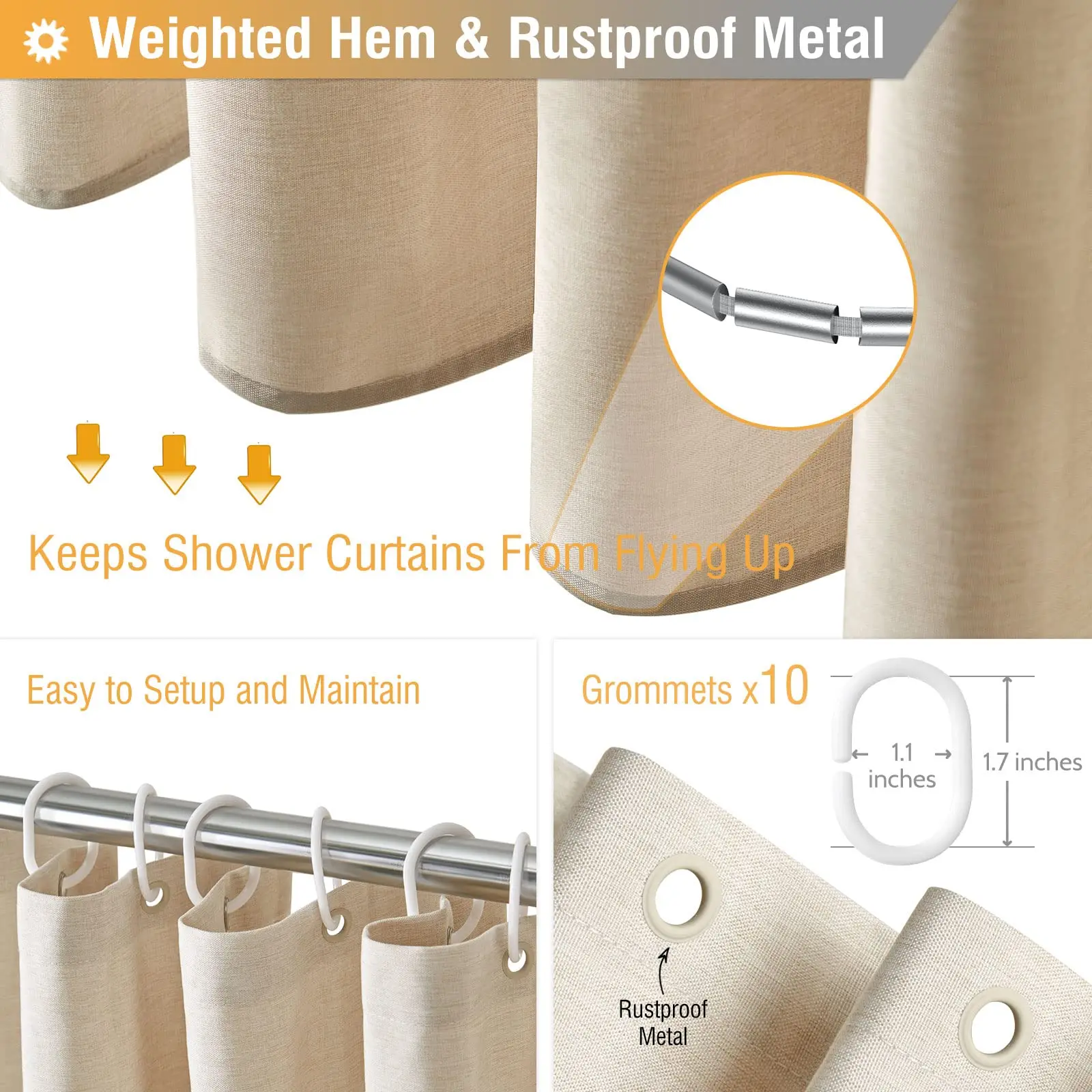 Kwater Linen Style Shower Curtain Set with Plastic Hooks-Cloth Textured Fabric Heavy Duty Hotel Waterproof Curtains for Bathroom