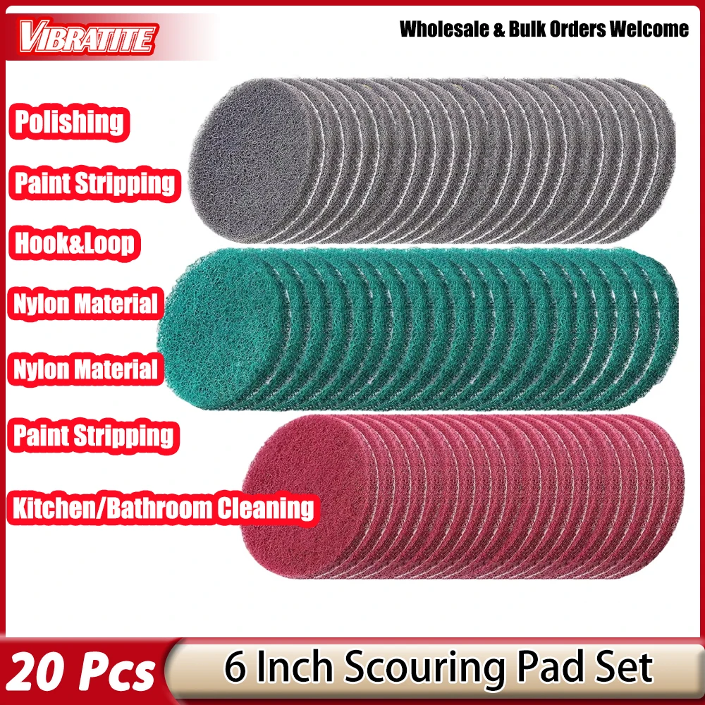 20 Pcs 6 Inch Scrubbing Pad Made of Nylon with Backed Flocking for Self-adhesion Multiple Grit Sizes Suitable for All Scenarios