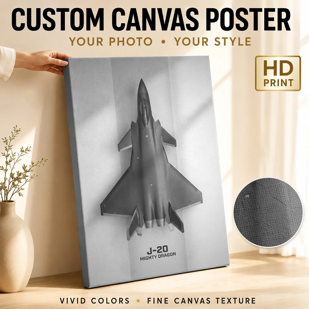 J20 Mighty Dragon Aircraft Wood Framed Canvas Poster Customized Photo Natural Color Detail Wall Art For Study Aviation Fan Gift