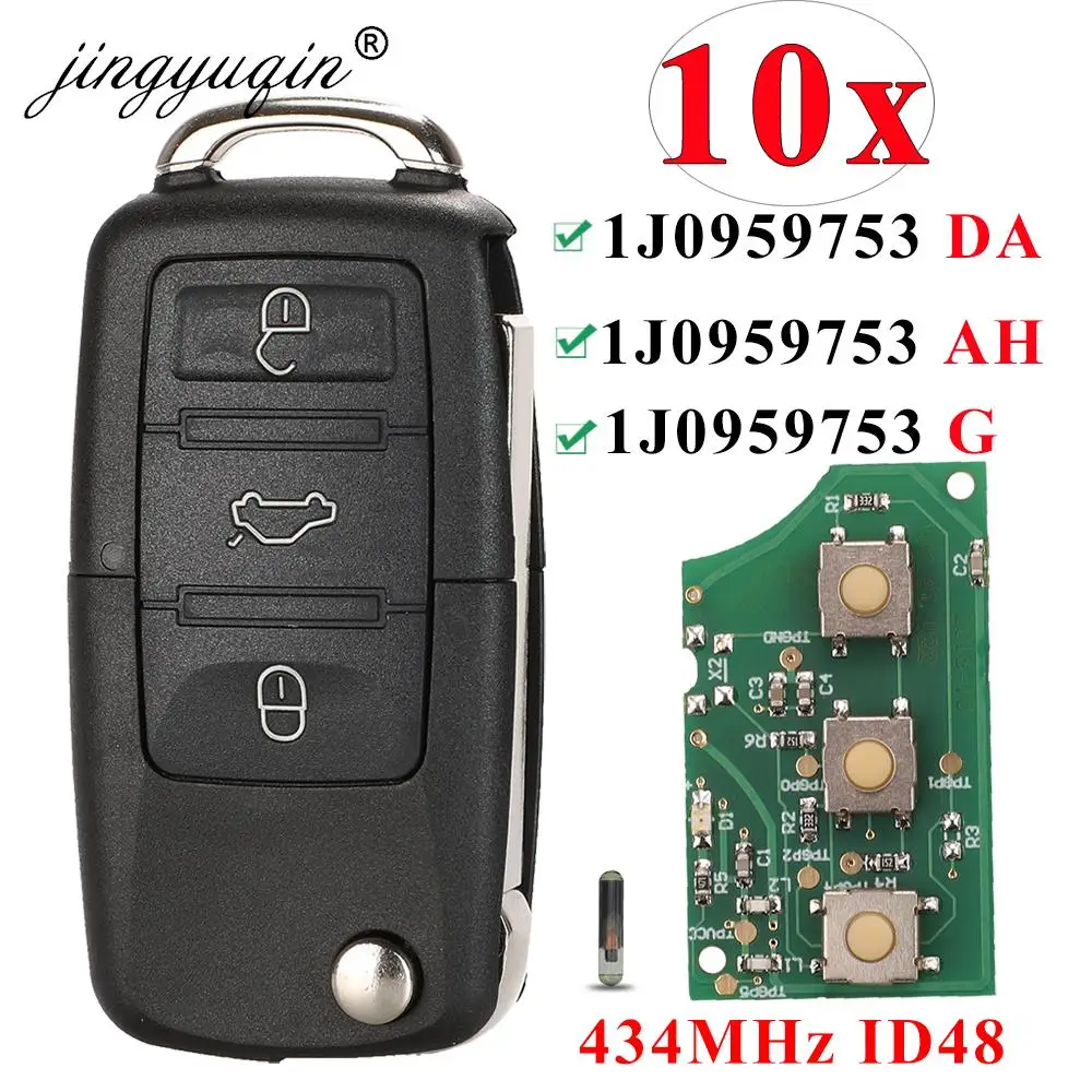 jingyuqin 10X Car Remote Key ID48 for 1J0959753 DA /AH /G for Caddy EOS Jetta Sirocco Tiguantouran Passat Bora Polo Golf Beetle